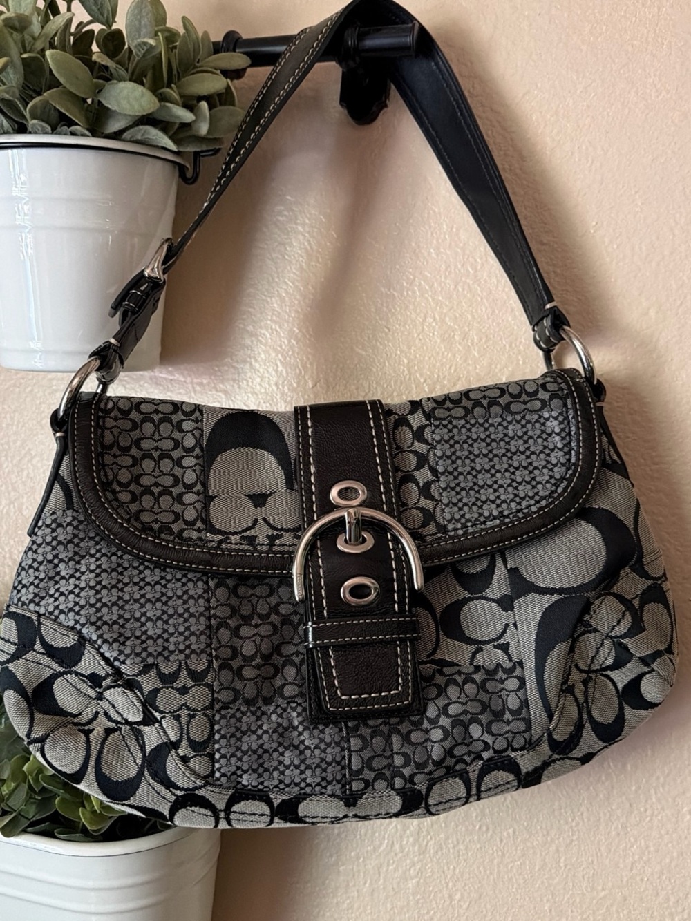 Coach Black and Gray Patchwork Signature Shoulder Bag